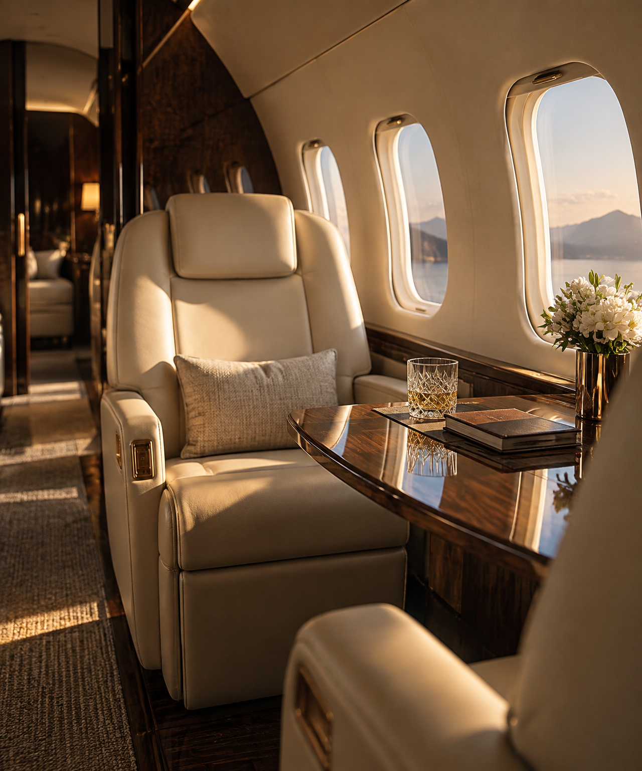 Private jet cabin with cream leather seating