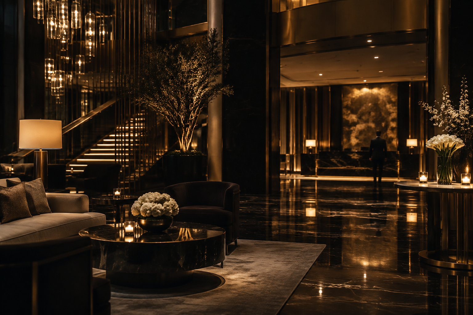 Luxury hotel lobby at night